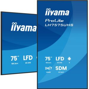 iiyama 75" 3840x2160, UHD IPS panel, Haze 25%, 500cd/m², Landscape and Portrait, 24/7